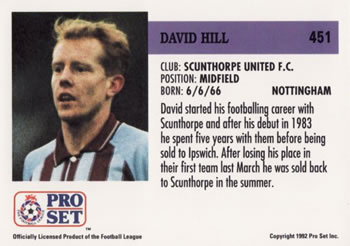 1991-92 Pro Set (England) #451 David Hill  Back