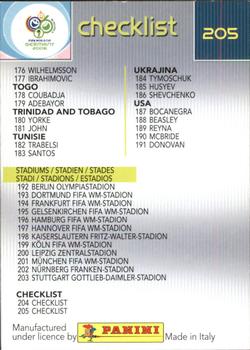 2006 Panini World Cup #205 Checklist Back