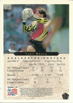1994 Upper Deck World Cup Contenders English/Spanish #1 Tony Meola Back