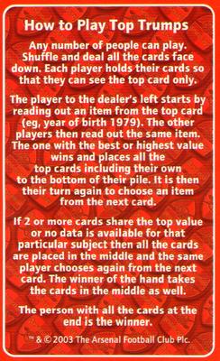 2003 Top Trumps Arsenal #NNO Title Card Back