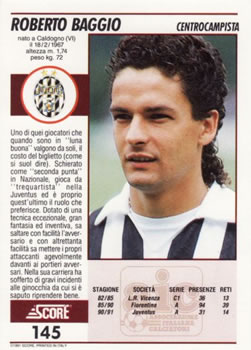 1992 Score Italian League #145 Roberto Baggio Back