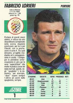 1992 Score Italian League #1 Fabrizio Lorieri Back