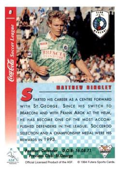 1994 Futera Australia NSL #8 Matthew Bingley Back