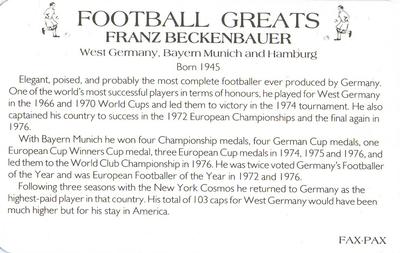 1986 Fax-Pax Football Greats #NNO Franz Beckenbauer Back