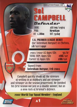 2002-03 Topps Premier Gold 2003 #A1 Sol Campbell Back