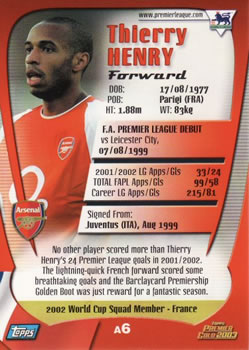 2002-03 Topps Premier Gold 2003 #A6 Thierry Henry Back