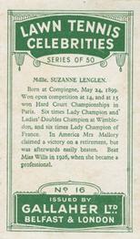 1928 Gallaher's Lawn Tennis Celebrities #16 Suzanne Lenglen Back