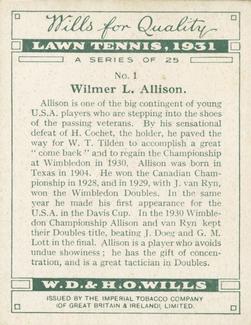 1931 Wills's Lawn Tennis #1 Wilmer L. Allison Back