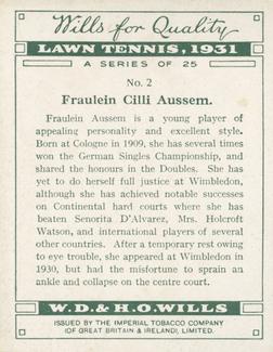 1931 Wills's Lawn Tennis #2 Fraulein Cilli Aussem Back