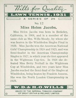 1931 Wills's Lawn Tennis #12 Miss Helen Jacobs Back