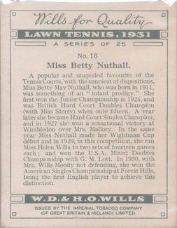 1931 Wills's Lawn Tennis #18 Miss Betty Nuthall Back