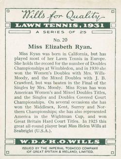1931 Wills's Lawn Tennis #20 Elizabeth Ryan Back