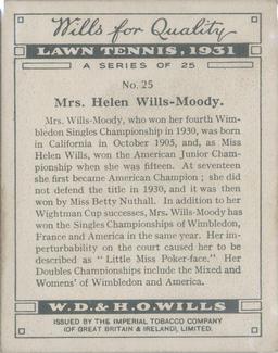 1931 Wills's Lawn Tennis #25 Mrs. Helen Wills Moody Back