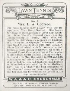 1928 Churchman's Lawn Tennis (Large) #5 Mrs. L.A. Godfree Back