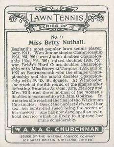1928 Churchman's Lawn Tennis (Large) #9 Betty Nuthall Back