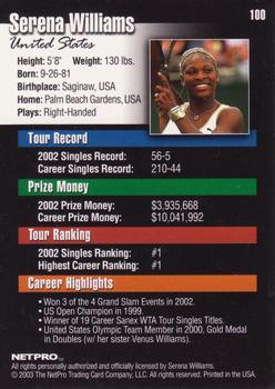 2003 NetPro #100 Serena Williams Back