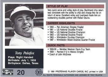 1991 NetPro The Legends #20 Tony Palafox Back