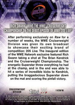 2018 Topps WWE Road To Wrestlemania #50 Rich Swann wins the WWE Cruiserweight Championship on the Debut Episode of WWE 205 Live - WWE 205 Live Back