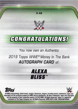 2019 Topps WWE Money in the Bank - Autographs Purple #A-AB Alexa Bliss Back