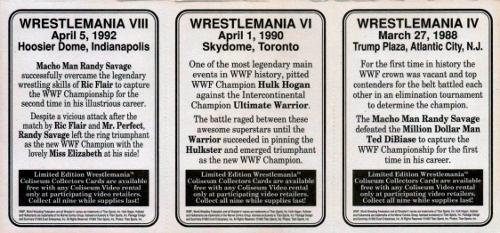 1993 Coliseum Video WWF WrestleMania - Panels #4/6/8 Wrestlemania IV / Wrestlemania VI / Wrestlemania VIII Back