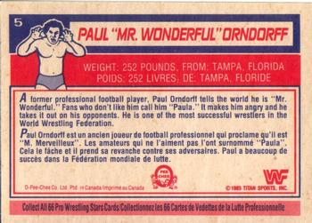 1985 O-Pee-Chee WWF Pro Wrestling Stars #5 Paul Orndorff Back