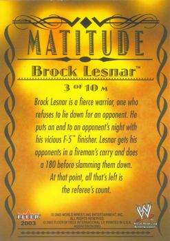 2003 Fleer WWE Aggression - Matitude #3 M Brock Lesnar  Back