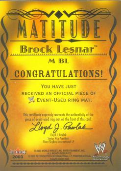 2003 Fleer WWE Aggression - Matitude Event Used #M BL Brock Lesnar Back