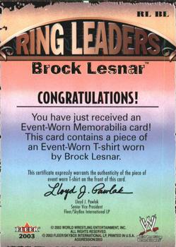 2003 Fleer WWE Aggression - Ring Leaders Event Used #RL BL Brock Lesnar  Back