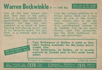 1955-56 Parkhurst #21 Warren Bockwinkle Back